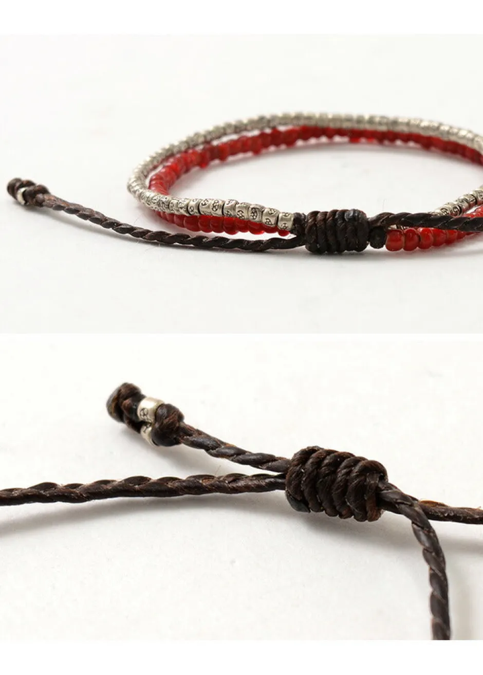 Anklets^PHADUA / Two strands waxed cord anklet (white heart/silver) red