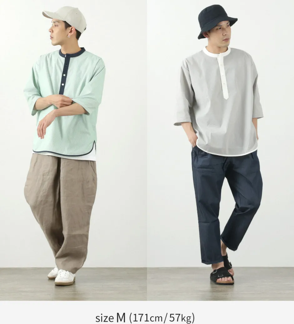 T-Shirts^ROCOCO / Woven seersucker henley neck T-shirt